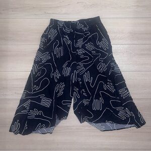 ELK Black Hand Print Soft Viscose High Waist Wide Let Flowy Culottes Pants S/M